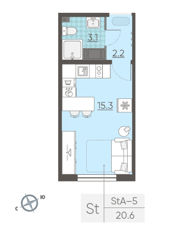Студия 20.6 м²