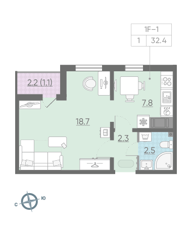 Однокомнатная квартира 32.4 м²