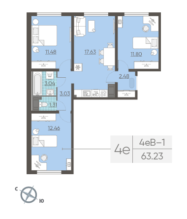 Трёхкомнатная квартира 63.23 м²