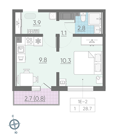 Однокомнатная квартира 28.7 м²