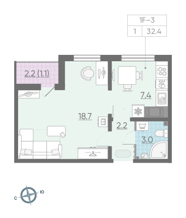 Однокомнатная квартира 32.4 м²