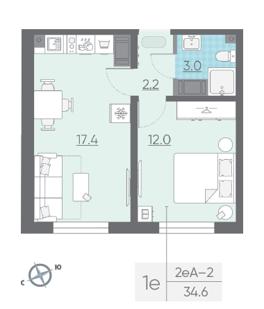 Однокомнатная квартира 34.6 м²
