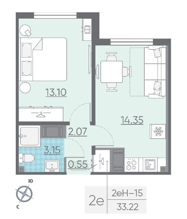 Однокомнатная квартира 33.22 м²