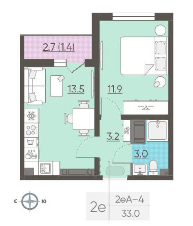 Однокомнатная квартира 33 м²