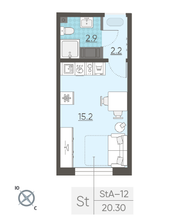 Студия 20.3 м²