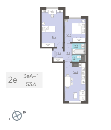 Двухкомнатная квартира 53.6 м²
