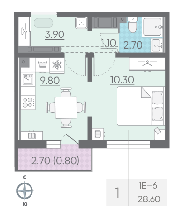 Однокомнатная квартира 28.6 м²