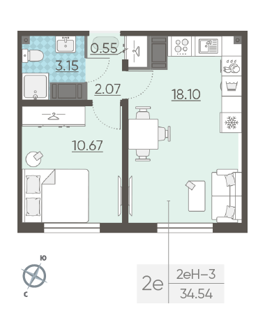 Однокомнатная квартира 34.54 м²