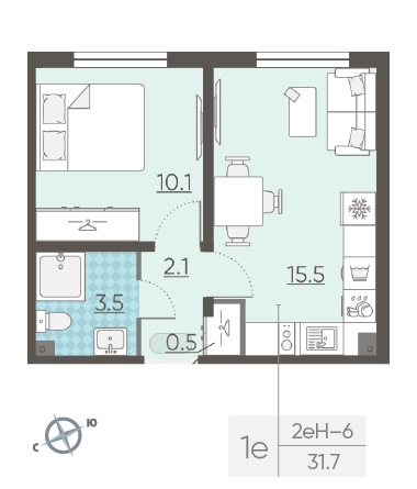 Однокомнатная квартира 31.7 м²