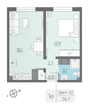 Однокомнатная квартира 36.7 м²