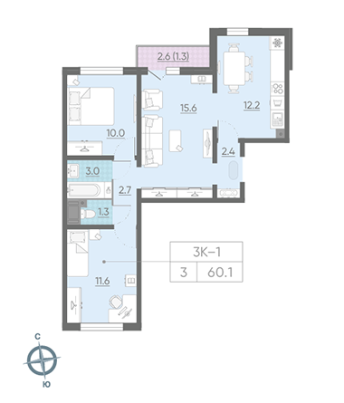 Трёхкомнатная квартира 60.1 м²