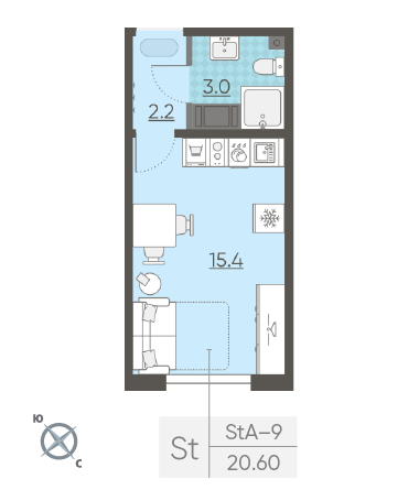 Студия 20.6 м²