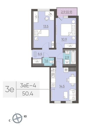 Двухкомнатная квартира 50.7 м²