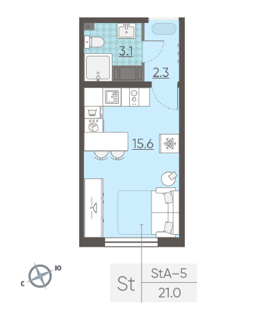 Студия 21 м²