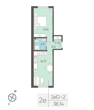 Однокомнатная квартира 38.14 м²