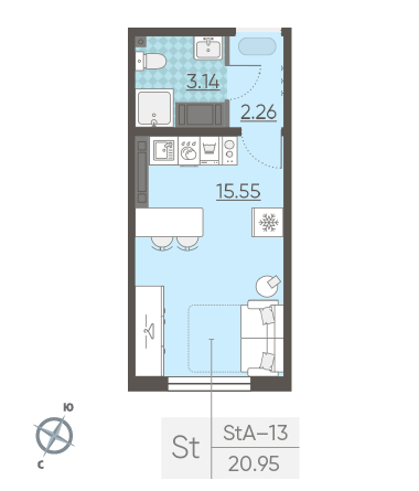 Студия 20.95 м²