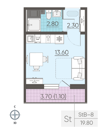 Студия 19.8 м²