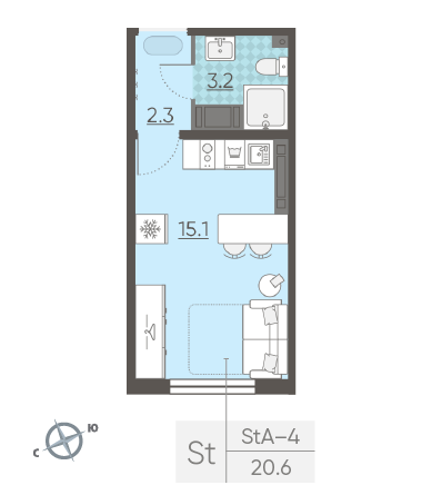 Студия 20.6 м²
