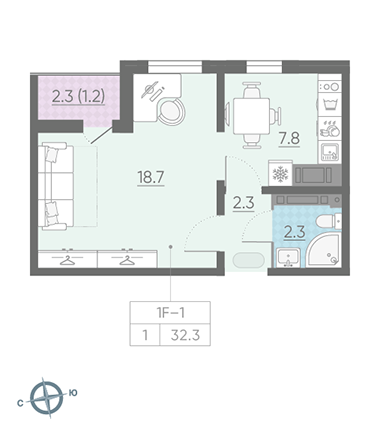 Однокомнатная квартира 32.3 м²