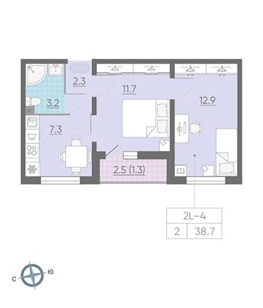 Двухкомнатная квартира 38.7 м²