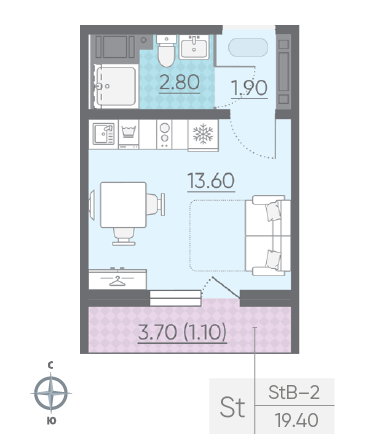 Студия 19.4 м²