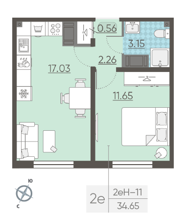 Однокомнатная квартира 34.65 м²