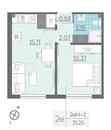 Однокомнатная квартира 31.25 м²
