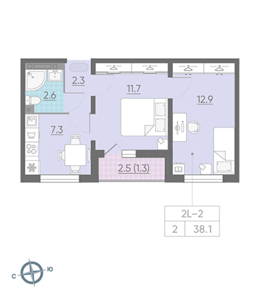 Двухкомнатная квартира 38.1 м²