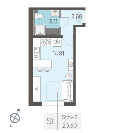 Студия 20.6 м²