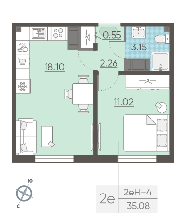 Однокомнатная квартира 35.08 м²