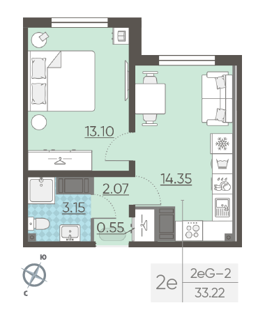 Однокомнатная квартира 33.22 м²