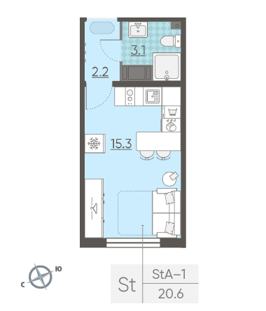 Студия 20.6 м²
