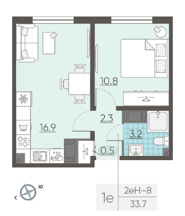 Однокомнатная квартира 33.7 м²