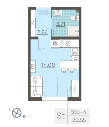 Студия 20.55 м²
