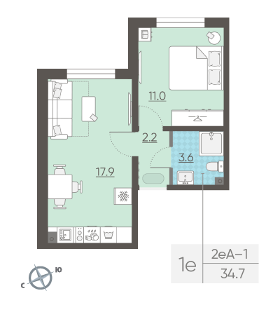 Однокомнатная квартира 34.7 м²