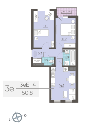 Двухкомнатная квартира 50.8 м²