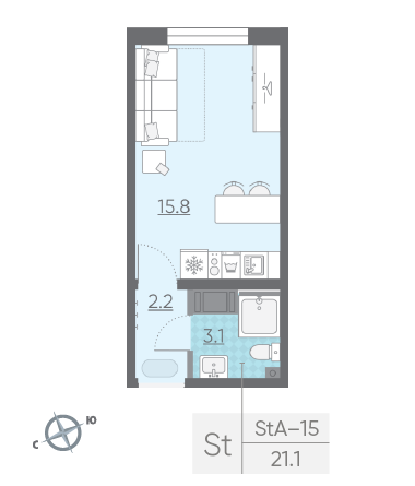 Студия 21.1 м²