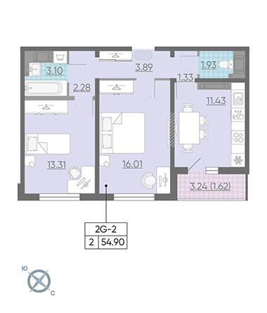 Двухкомнатная квартира 55 м²