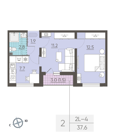 Двухкомнатная квартира 37.6 м²