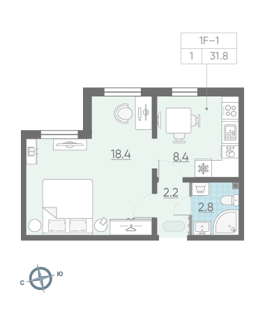 Однокомнатная квартира 31.8 м²