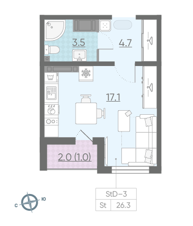 Студия 26.3 м²
