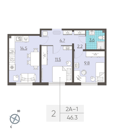 Двухкомнатная квартира 46.3 м²