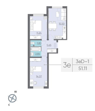 Двухкомнатная квартира 51.11 м²