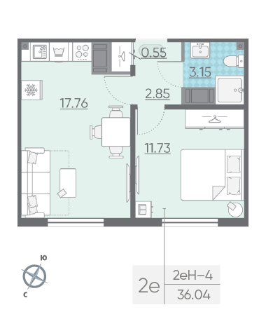 Однокомнатная квартира 36.04 м²