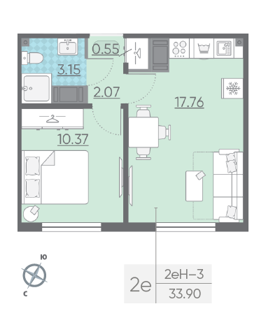 Однокомнатная квартира 33.9 м²