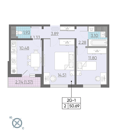 Двухкомнатная квартира 50.5 м²