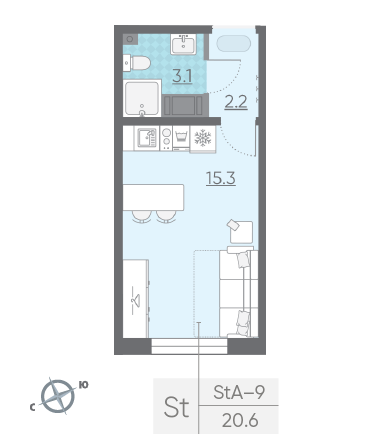 Студия 20.6 м²