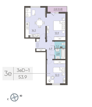 Двухкомнатная квартира 53.9 м²