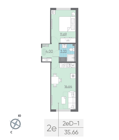 Однокомнатная квартира 35.66 м²