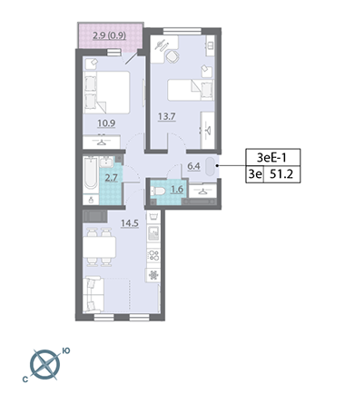 Двухкомнатная квартира 51.6 м²